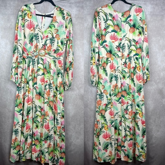 Boston Proper Sea Life Tropical V-Neck Empire Waist Long Sleeve Maxi Dress Sz 14 - Picture 2 of 11